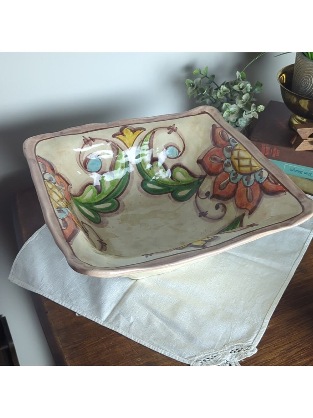 Vintage Hand Painted Italian Serving Bowl Centerpiece Italy Ceramic Tuscan